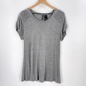 “Reserved” LIKE NEW.  BISOU BISOU Gray Studded Shoulder Rayon Short Sleeve Tee.